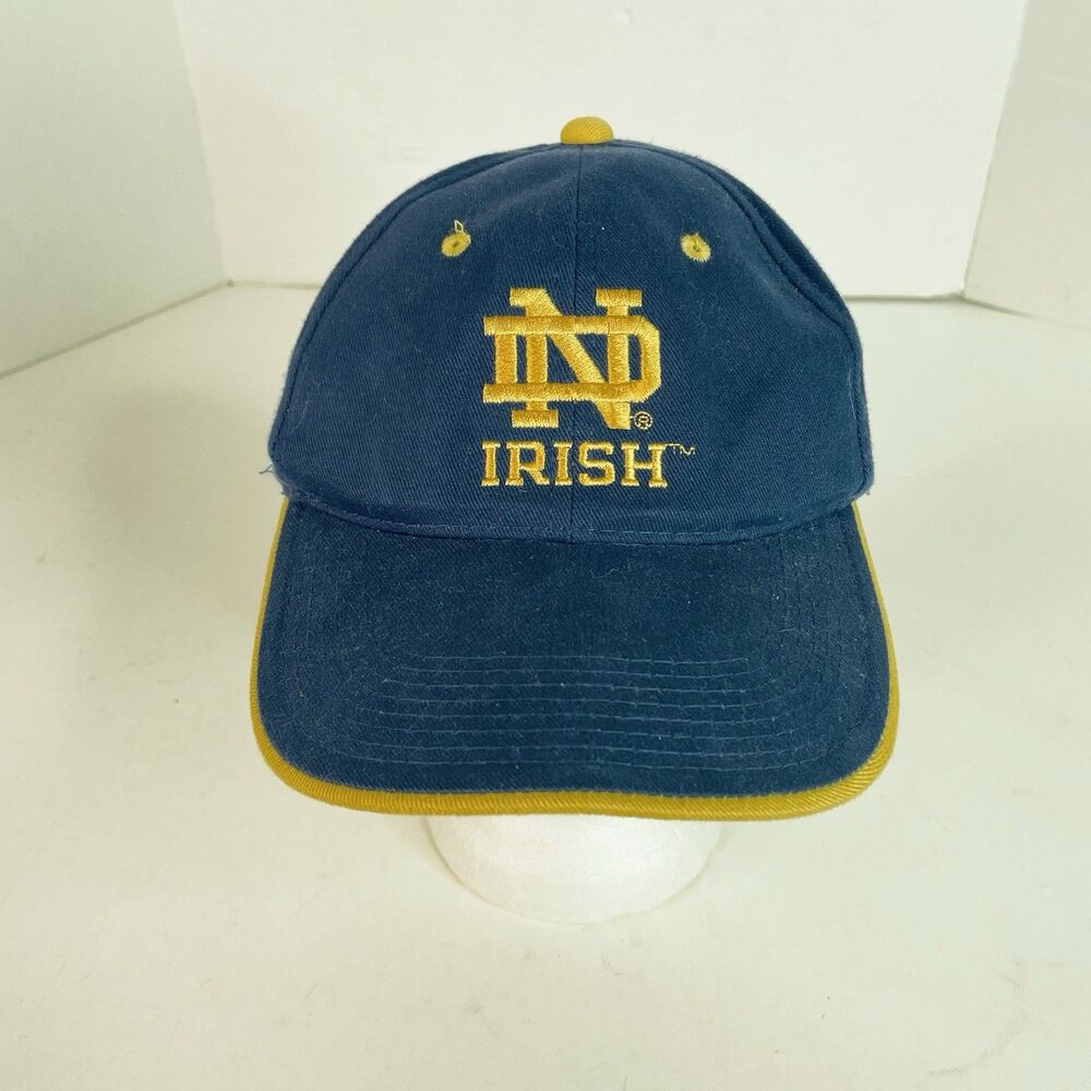Vintage Notre Dame Irish Strapback Hat, Adjustable Cap Dark Blue Logo Signature